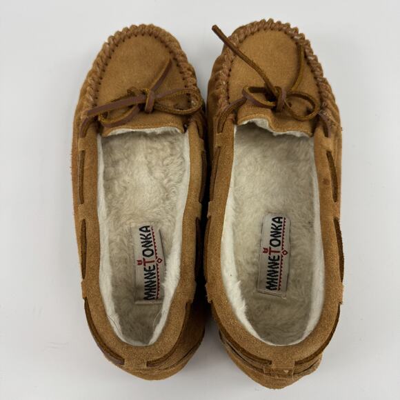Minnetonka Trapper Leather Slippers Cinnamon Tan Women Size 8 Lined w/ Shearling - Picture 5 of 8